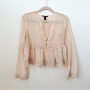 Forever 21 Peach Semi Sheer Boho Embroidered Top